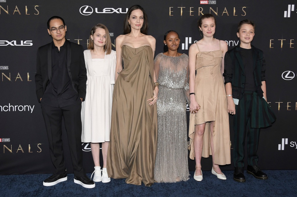 Shiloh-Jolie Pitt with Angelia Jolie and family during the Marvel's Eternals movie premiere